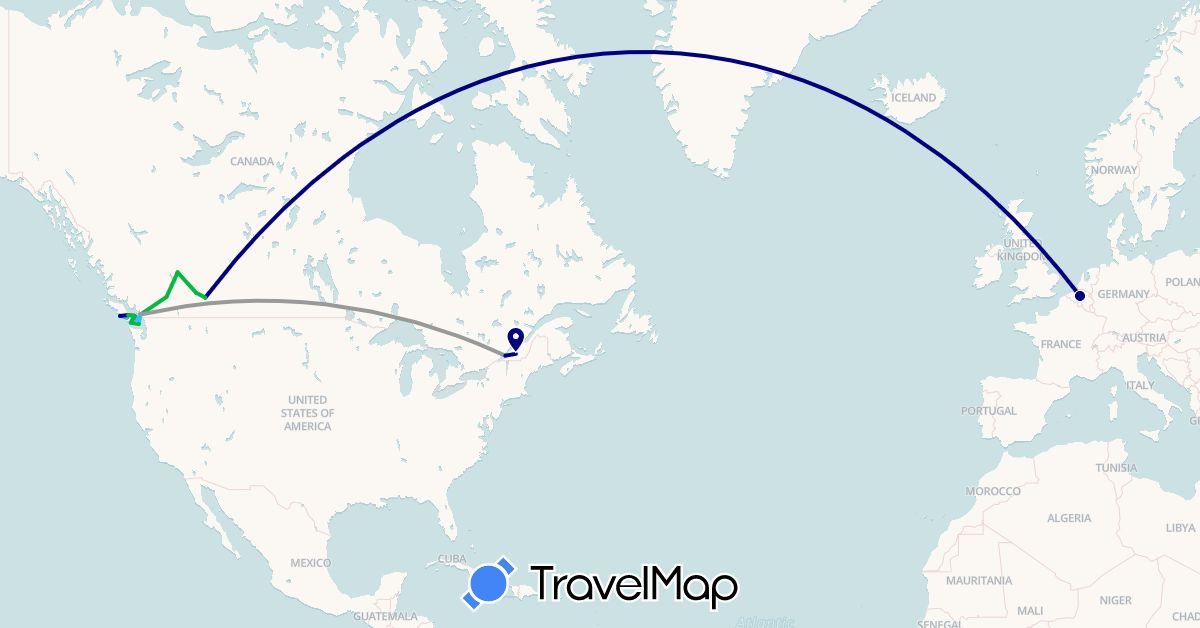 TravelMap itinerary: driving, bus, plane, boat in Belgium, Canada (Europe, North America)